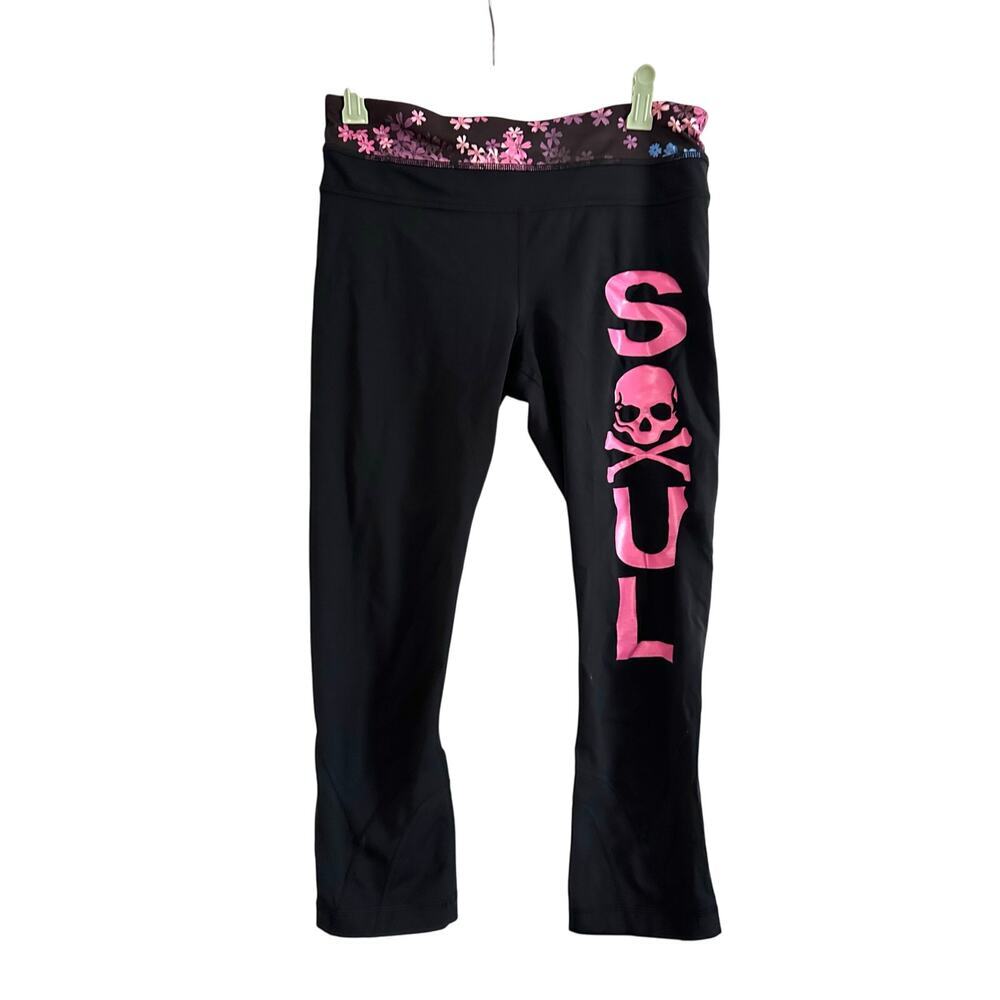 LULULEMON Soulcycle Floral Waistband Cropped Leggings Pink Skull - Sz 6